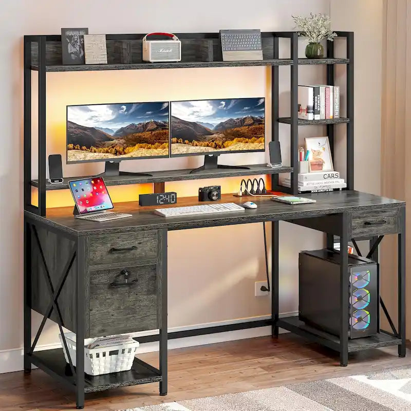 Bureau gaming informatique 150 cm avec huche, étagère, lumières RVB et 3 tiroirs