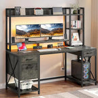 Bureau gaming informatique 150 cm avec huche, étagère, lumières RVB et 3 tiroirs