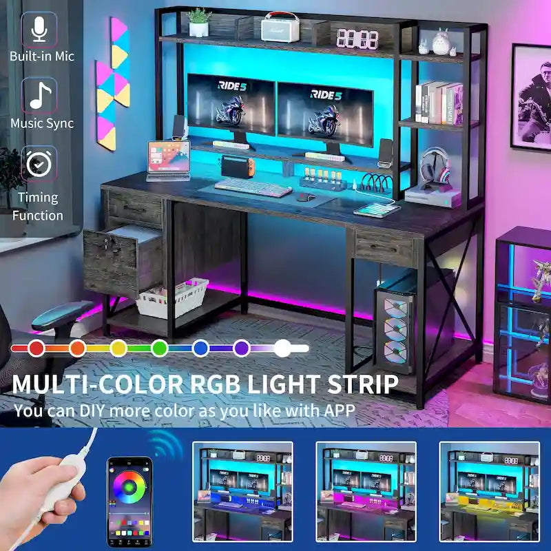 Bureau gaming informatique 150 cm avec huche, étagère, lumières RVB et 3 tiroirs