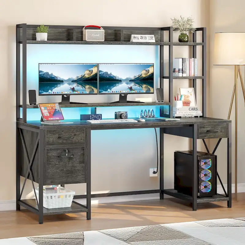 Bureau gaming informatique 150 cm avec huche, étagère, lumières RVB et 3 tiroirs