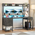 Bureau gaming informatique 150 cm avec huche, étagère, lumières RVB et 3 tiroirs
