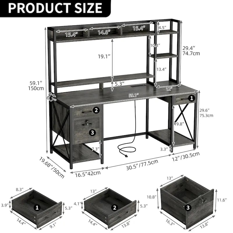 Bureau gaming informatique 150 cm avec huche, étagère, lumières RVB et 3 tiroirs