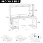 Bureau gaming informatique 150 cm avec huche, étagère, lumières RVB et 3 tiroirs