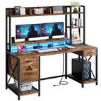 Bureau gaming informatique 150 cm avec huche, étagère, lumières RVB et 3 tiroirs