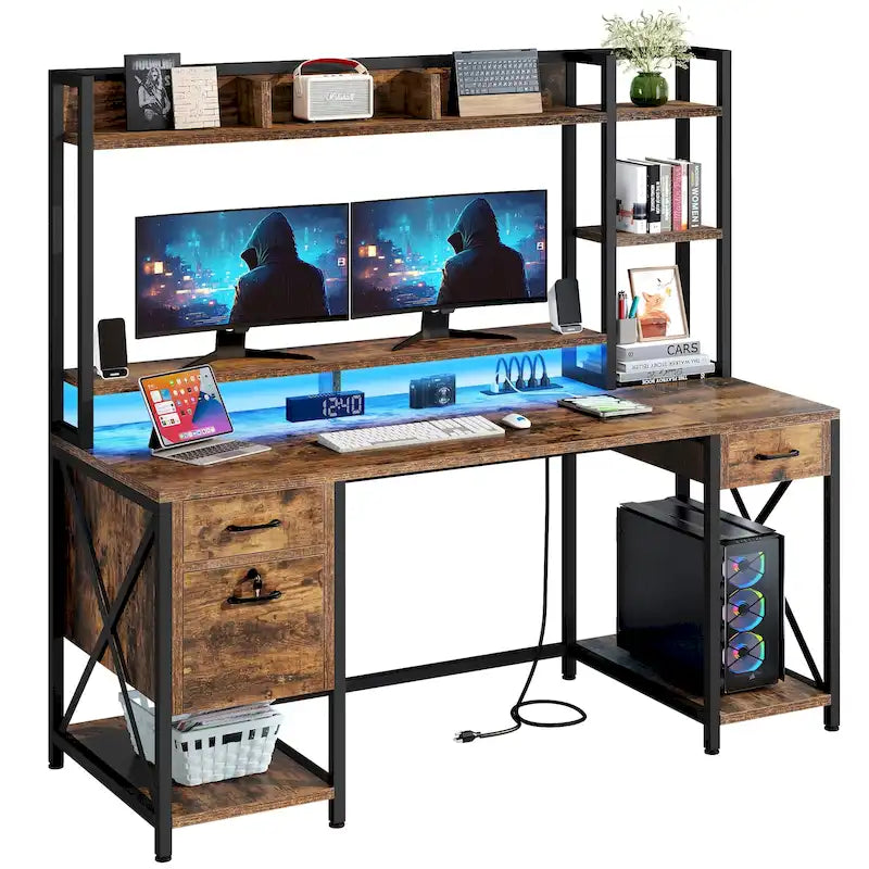 Bureau gaming informatique 150 cm avec huche, étagère, lumières RVB et 3 tiroirs
