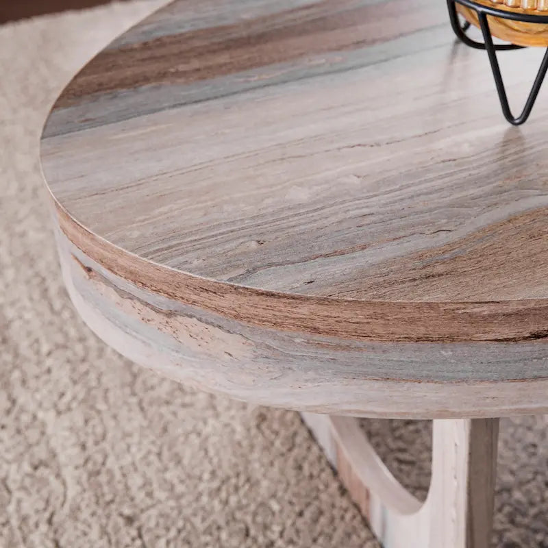 Table basse ovale contemporaine en similicuir marbré marron avec pieds géométriques