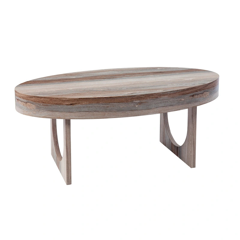 Table basse ovale contemporaine en similicuir marbré marron avec pieds géométriques