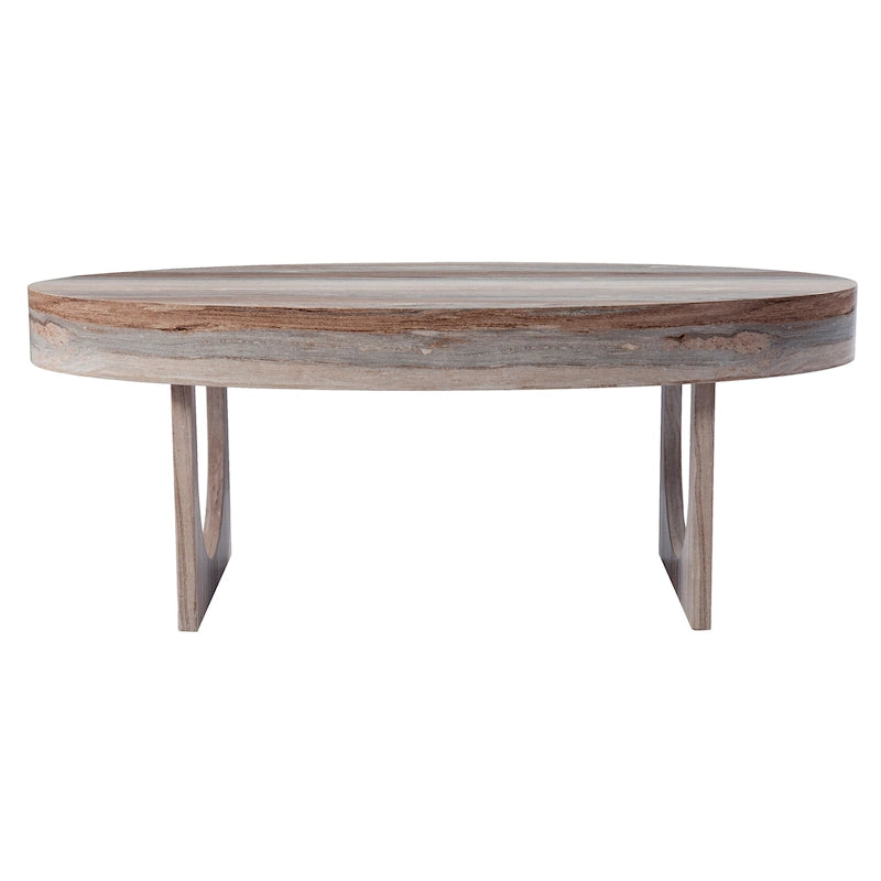 Table basse ovale contemporaine en similicuir marbré marron avec pieds géométriques