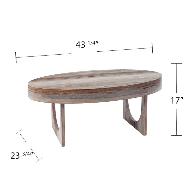 Table basse ovale contemporaine en similicuir marbré marron avec pieds géométriques