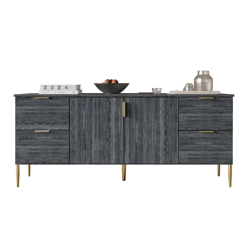 Buffet moderne et luxueux aux lignes épurées avec 4 tiroirs et 2 placards, pieds dorés