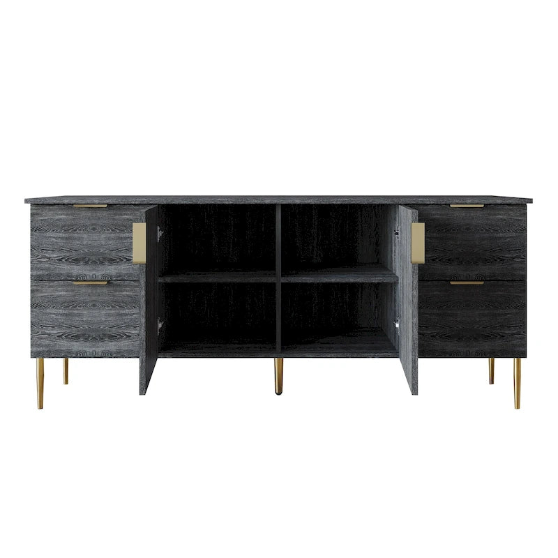 Buffet moderne et luxueux aux lignes épurées avec 4 tiroirs et 2 placards, pieds dorés