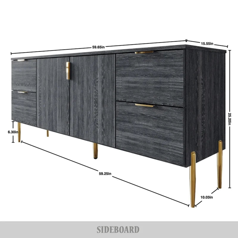 Buffet moderne et luxueux aux lignes épurées avec 4 tiroirs et 2 placards, pieds dorés