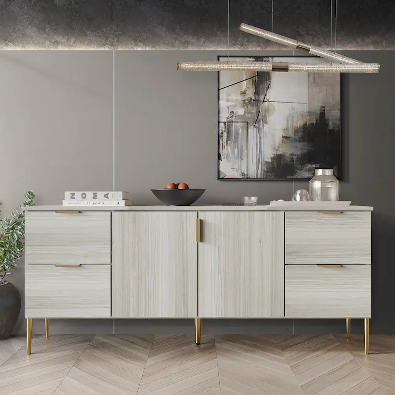 Buffet moderne et luxueux aux lignes épurées avec 4 tiroirs et 2 placards, pieds dorés