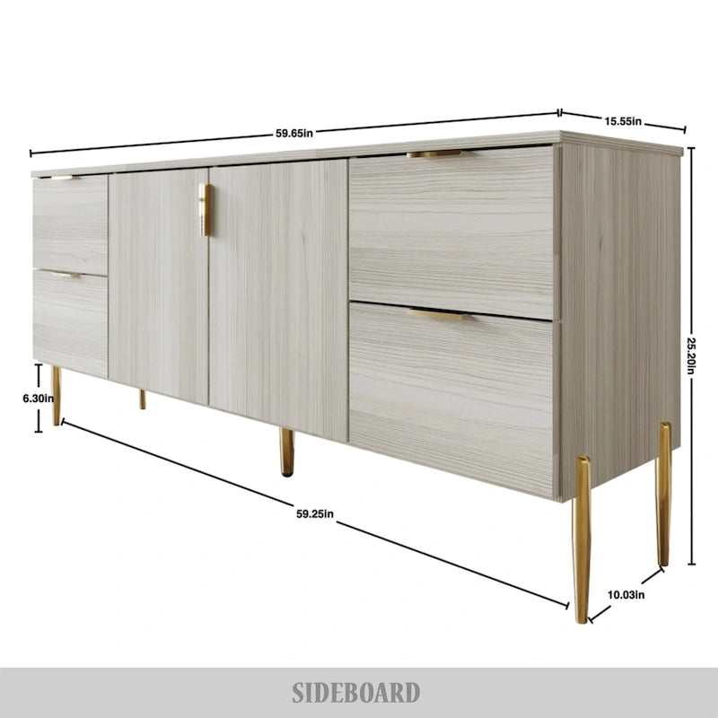 Buffet moderne et luxueux aux lignes épurées avec 4 tiroirs et 2 placards, pieds dorés