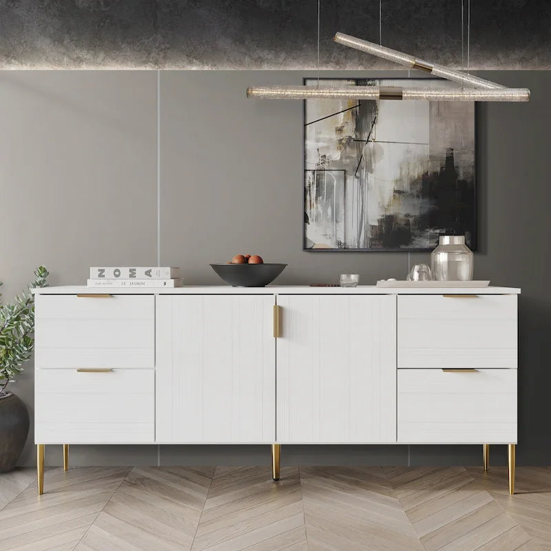 Buffet moderne et luxueux aux lignes épurées avec 4 tiroirs et 2 placards, pieds dorés