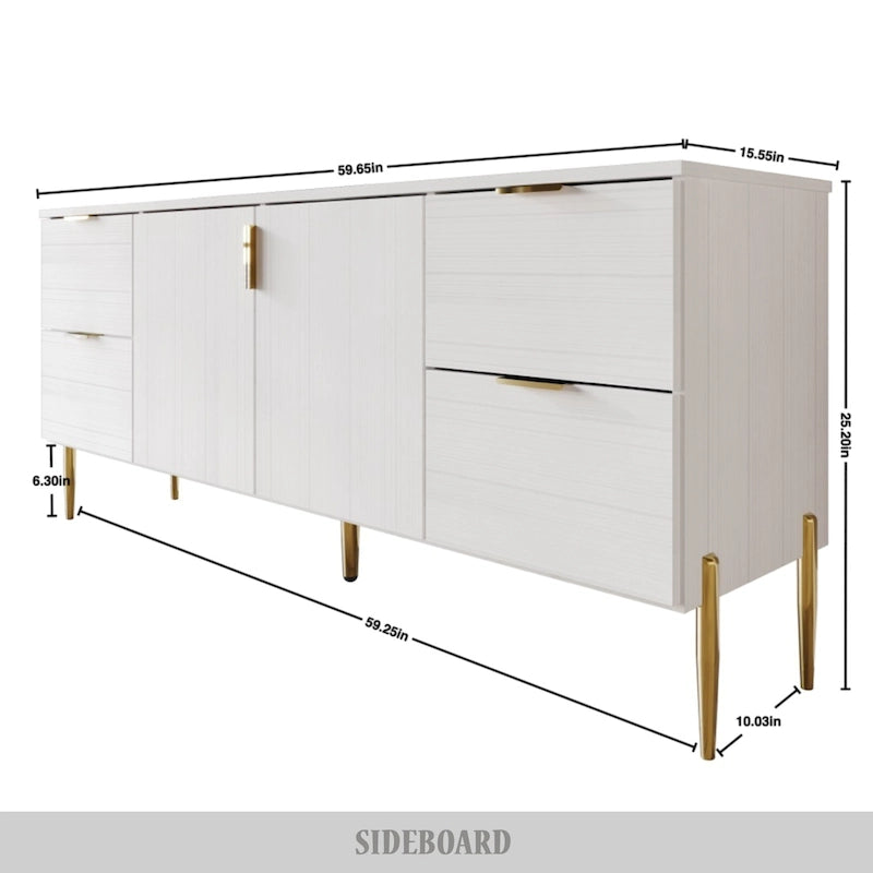 Buffet moderne et luxueux aux lignes épurées avec 4 tiroirs et 2 placards, pieds dorés