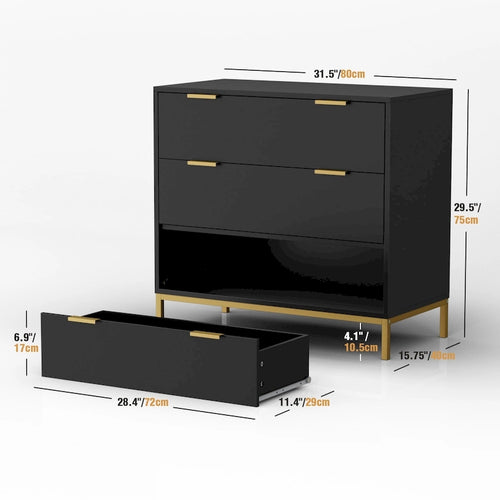 Commode noire à 3 tiroirs de 80 cm – Chiffonnier moderne en bois avec poignées dorées