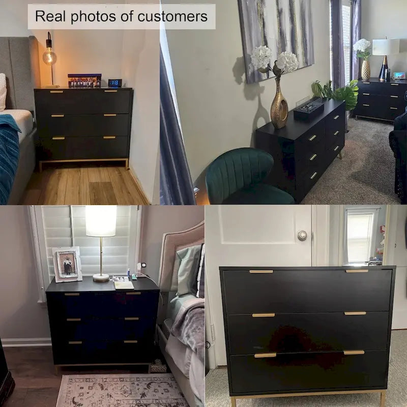Commode noire à 3 tiroirs de 80 cm – Chiffonnier moderne en bois avec poignées dorées