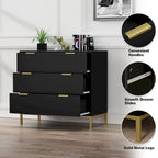 Commode noire à 3 tiroirs de 80 cm – Chiffonnier moderne en bois avec poignées dorées