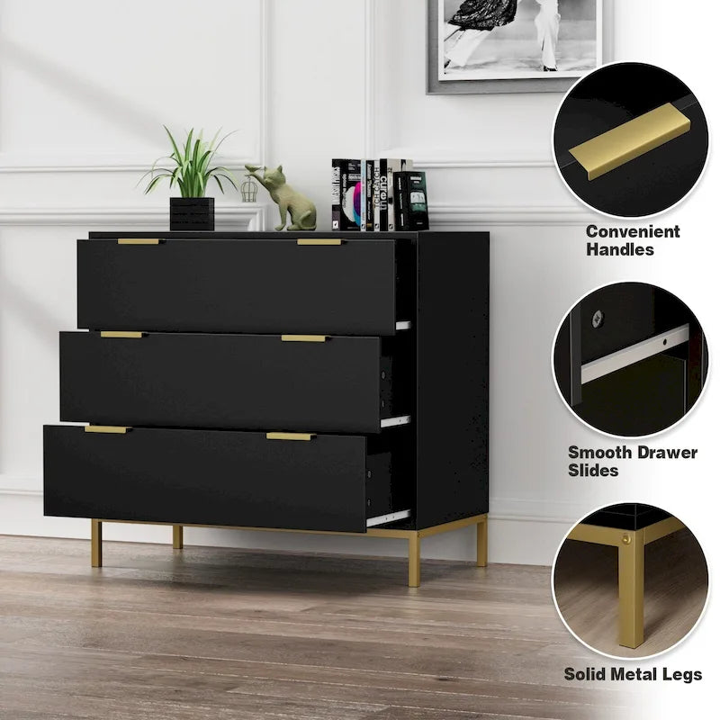 Commode noire à 3 tiroirs de 80 cm – Chiffonnier moderne en bois avec poignées dorées