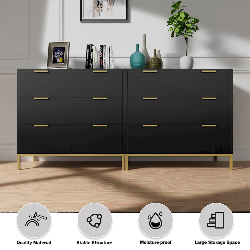 Commode noire à 3 tiroirs de 80 cm – Chiffonnier moderne en bois avec poignées dorées