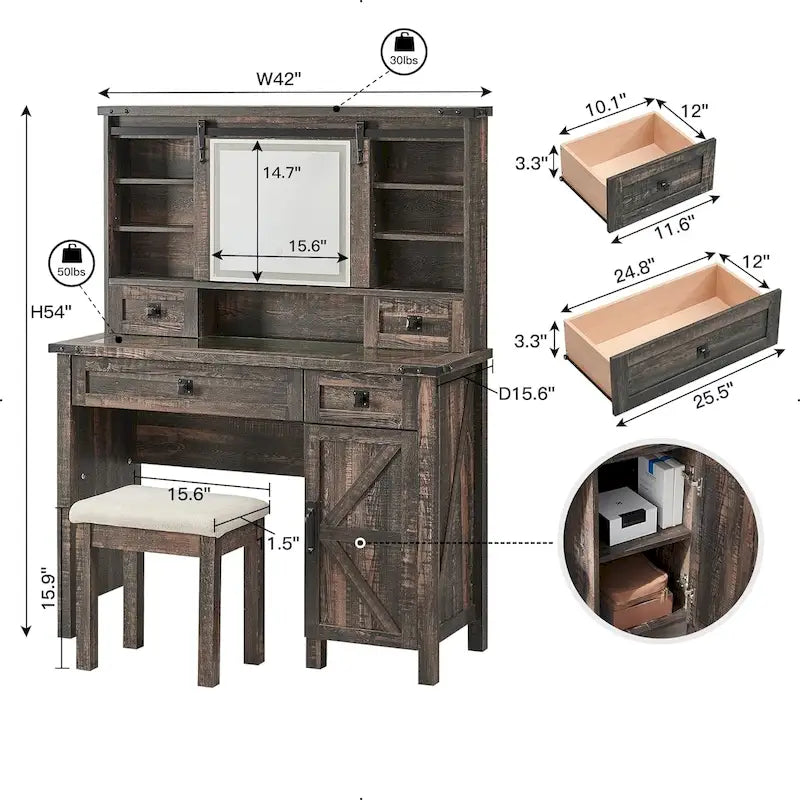 Coiffeuse de ferme, Table de toilette, Ensemble de coiffeuse, Tabouret inclus