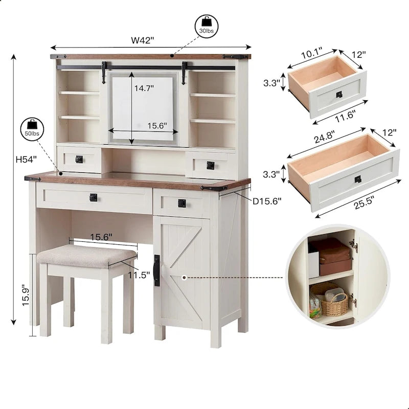 Coiffeuse de ferme, Table de toilette, Ensemble de coiffeuse, Tabouret inclus