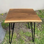 Table d'appoint en teck massif à bord brut – Table de chevet en bois naturel avec pieds en fer