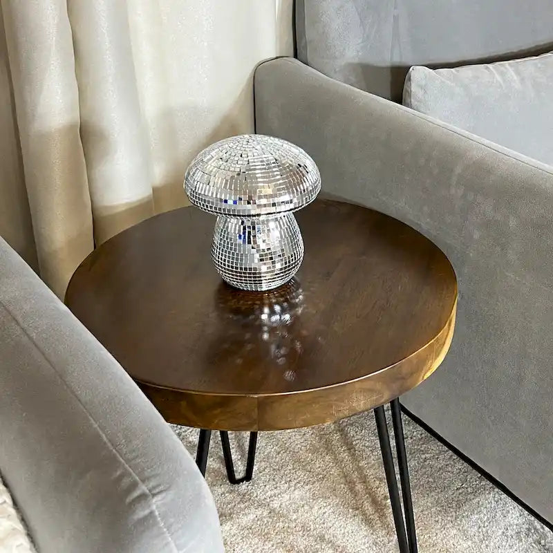 Table d'appoint en teck massif à bord brut – Table de chevet en bois naturel avec pieds en fer