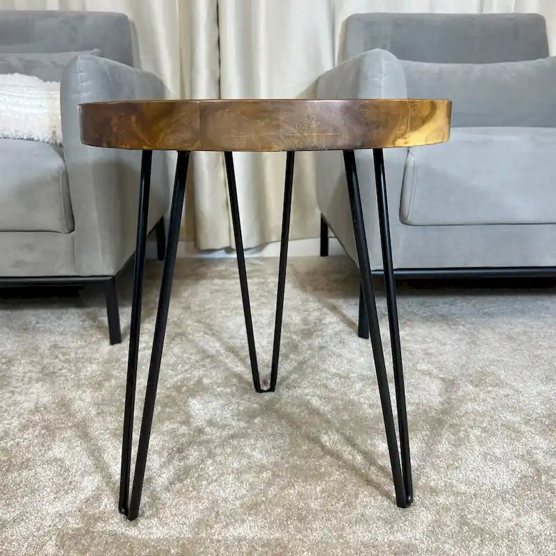 Table d'appoint en teck massif à bord brut – Table de chevet en bois naturel avec pieds en fer