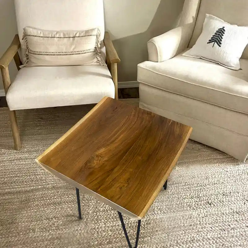 Table d'appoint en teck massif à bord brut – Table de chevet en bois naturel avec pieds en fer