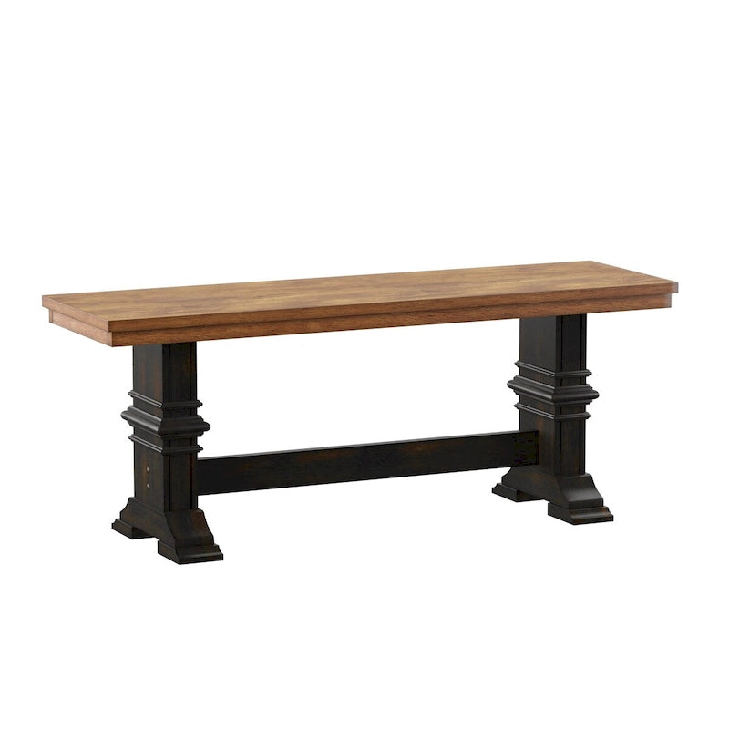 Banc de salle à manger en bois avec pieds en tréteaux bicolores – Finition chêne, aspect vieilli, en bois d'hévéa massif, 113 kg