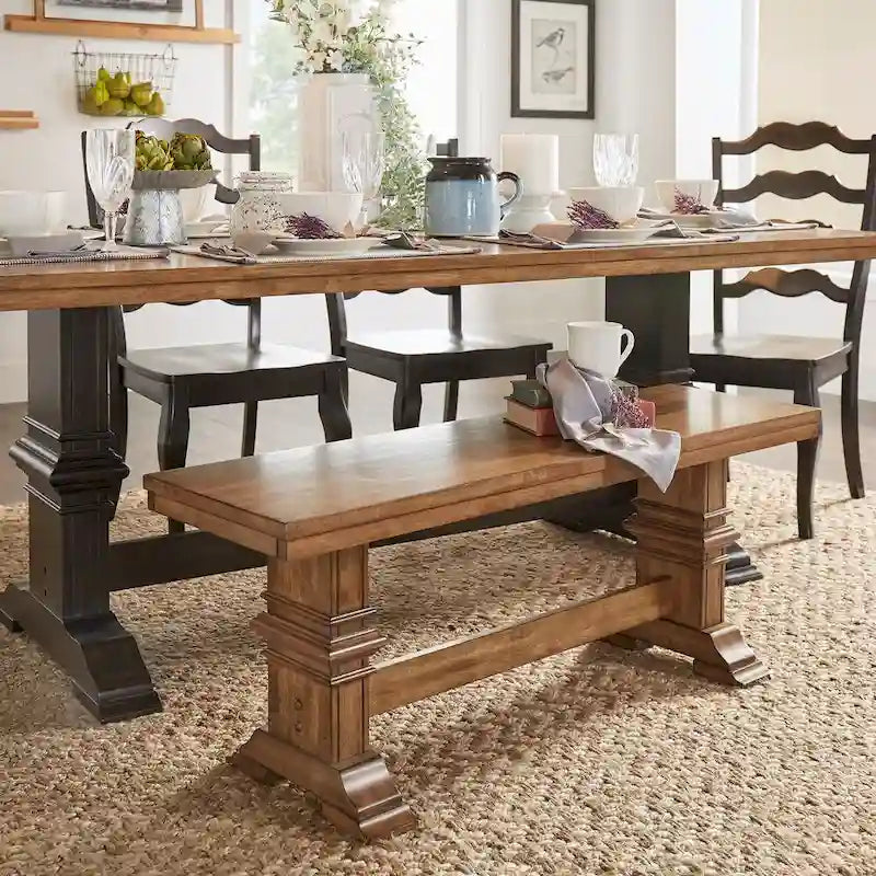 Banc de salle à manger en bois avec pieds en tréteaux bicolores – Finition chêne, aspect vieilli, en bois d'hévéa massif, 113 kg