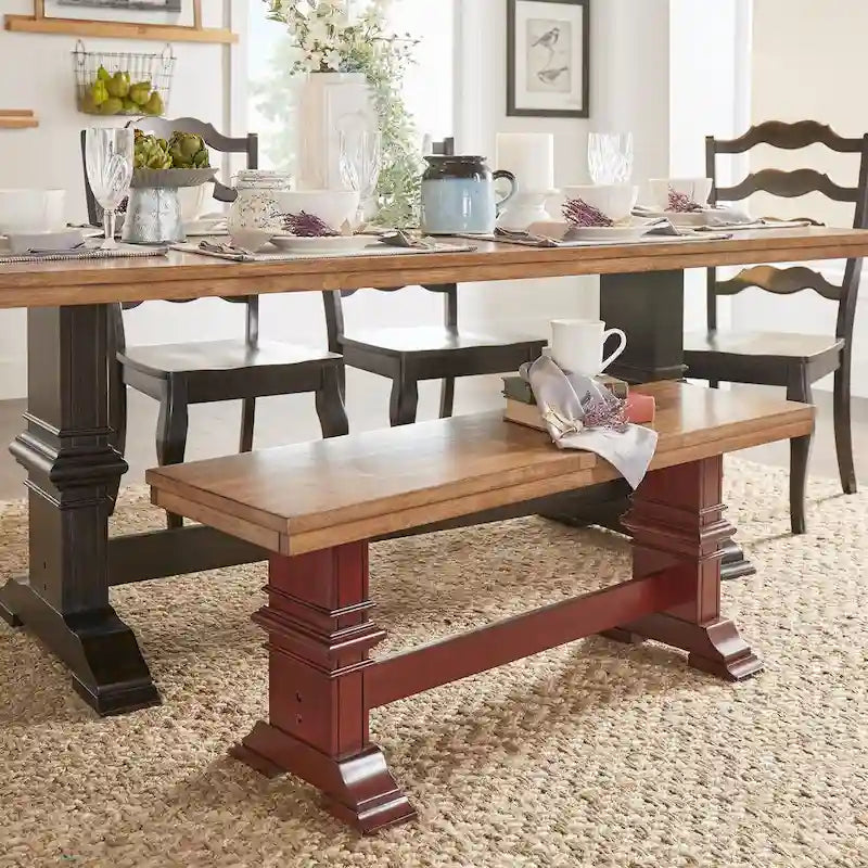 Banc de salle à manger en bois avec pieds en tréteaux bicolores – Finition chêne, aspect vieilli, en bois d'hévéa massif, 113 kg