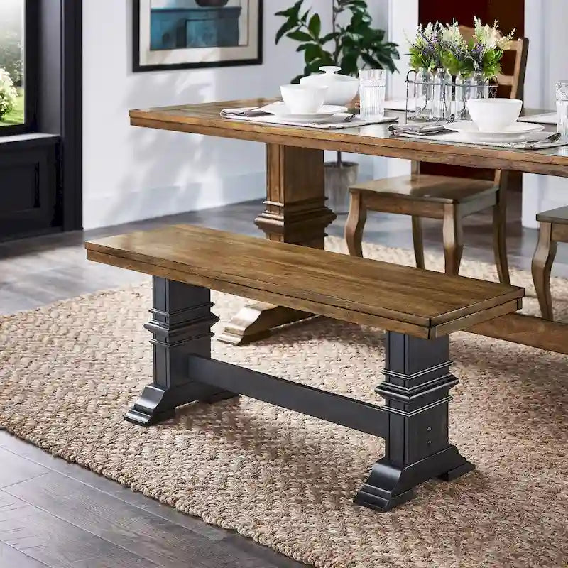 Banc de salle à manger en bois avec pieds en tréteaux bicolores – Finition chêne, aspect vieilli, en bois d'hévéa massif, 113 kg