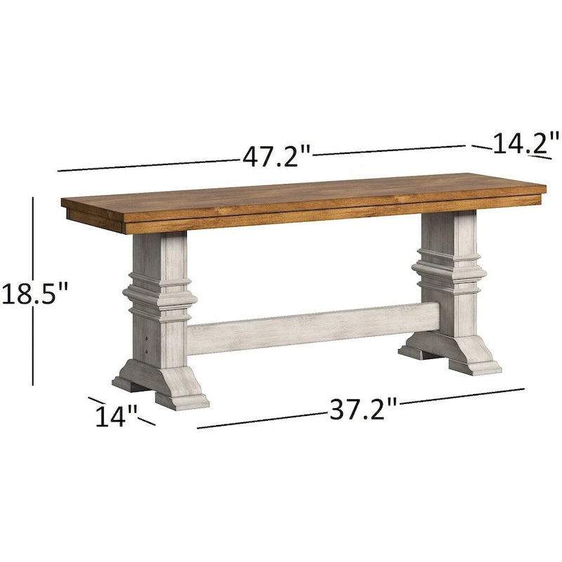 Banc de salle à manger en bois avec pieds en tréteaux bicolores – Finition chêne, aspect vieilli, en bois d'hévéa massif, 113 kg