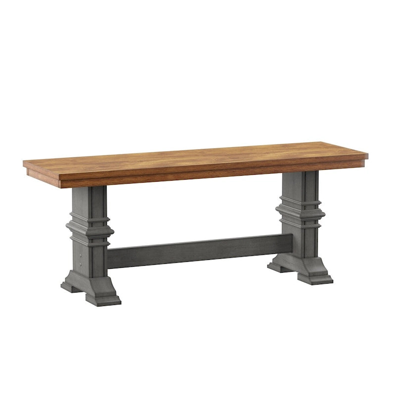 Banc de salle à manger en bois avec pieds en tréteaux bicolores – Finition chêne, aspect vieilli, en bois d'hévéa massif, 113 kg